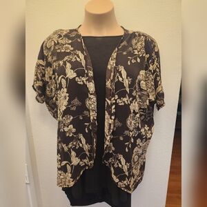 Libian Black and Cream Floral Kimono Open Front Cardigan Blouse Cover Up